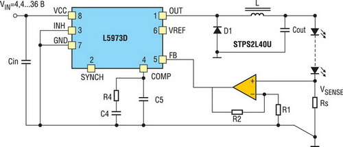 L5973D в режиме стабилизации тока с усилителем напряжения датчика тока